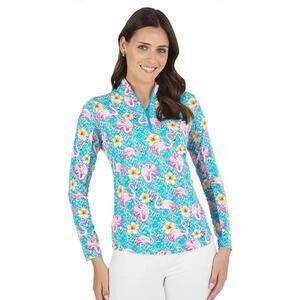NWOT IBKUL Penny Turquoise Flamingo Long Sleeve Mock Golf Shirt, Size Medium